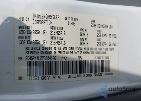 2007 Dodge Grand Caravan Sxt from USA, damaged, VIN 2D4GP44L27R204176
